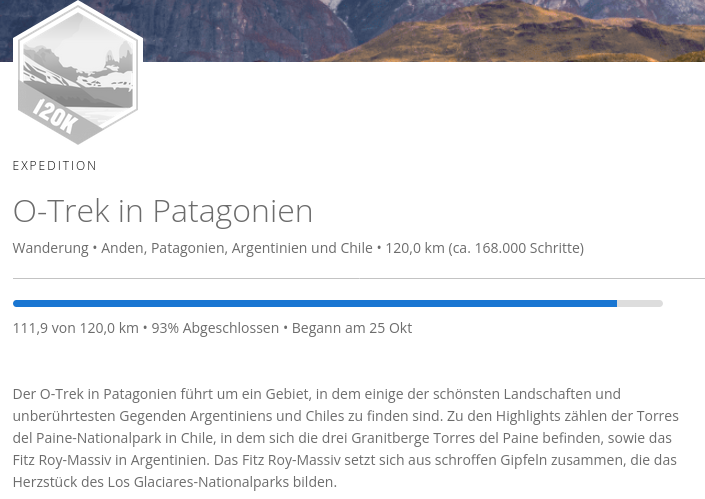 Details Garmin Challenge virtuelle Wanderung O-Trek Patagonien
